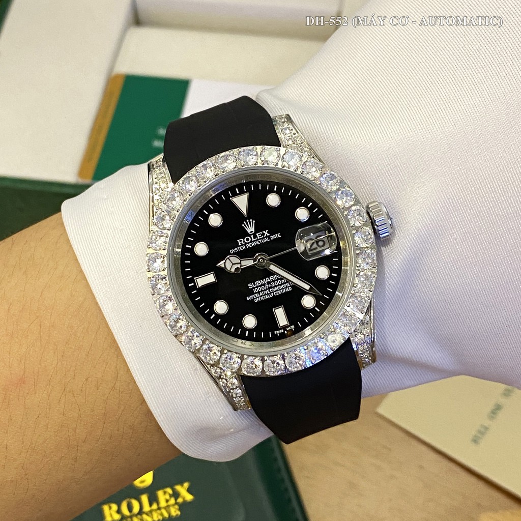 Đồng hồ nam Rolex mặt tròn đính viền đá sang trọng máy cơ cao cấp chống nước DH552 - Shop306