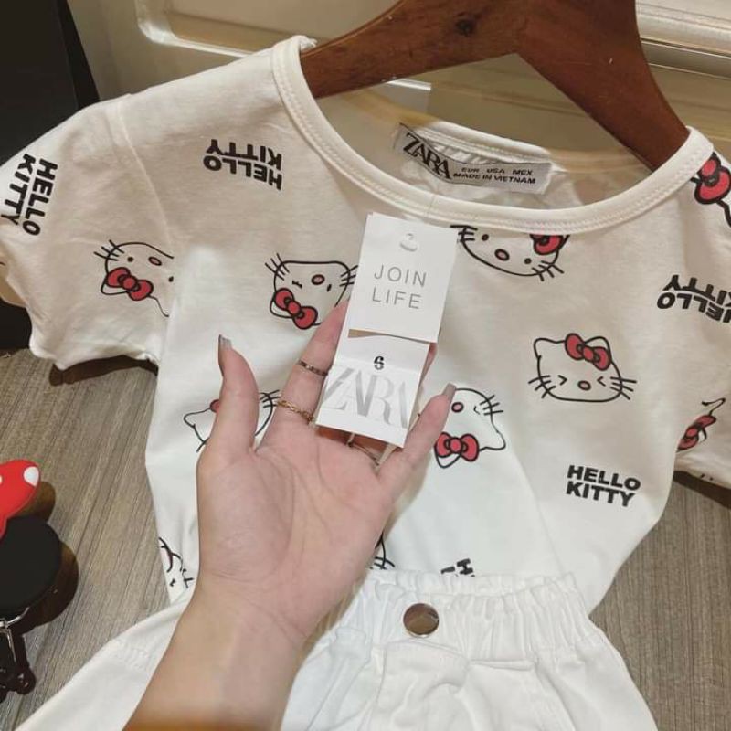 Sét Zara áo Hello Kitty mix chân váy kaki cho bé 10-20kg