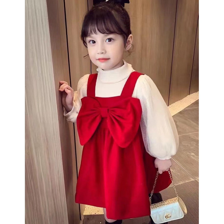 SET VÁY NHUNG ĐỎ NƠ NGỰC + ÁO THUN HÀNG XUẤT CHO BÉ GÁI -Q10000