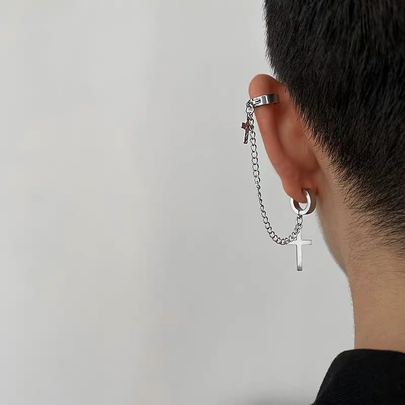 Khuyên Tai Nam Unisex Tròn Kẹp Vành 2T Eardrop Hình Chữ Thập Cá Tính Chất Loki Accessories Màu Bạc Đẹp Titan -2T Eardrop