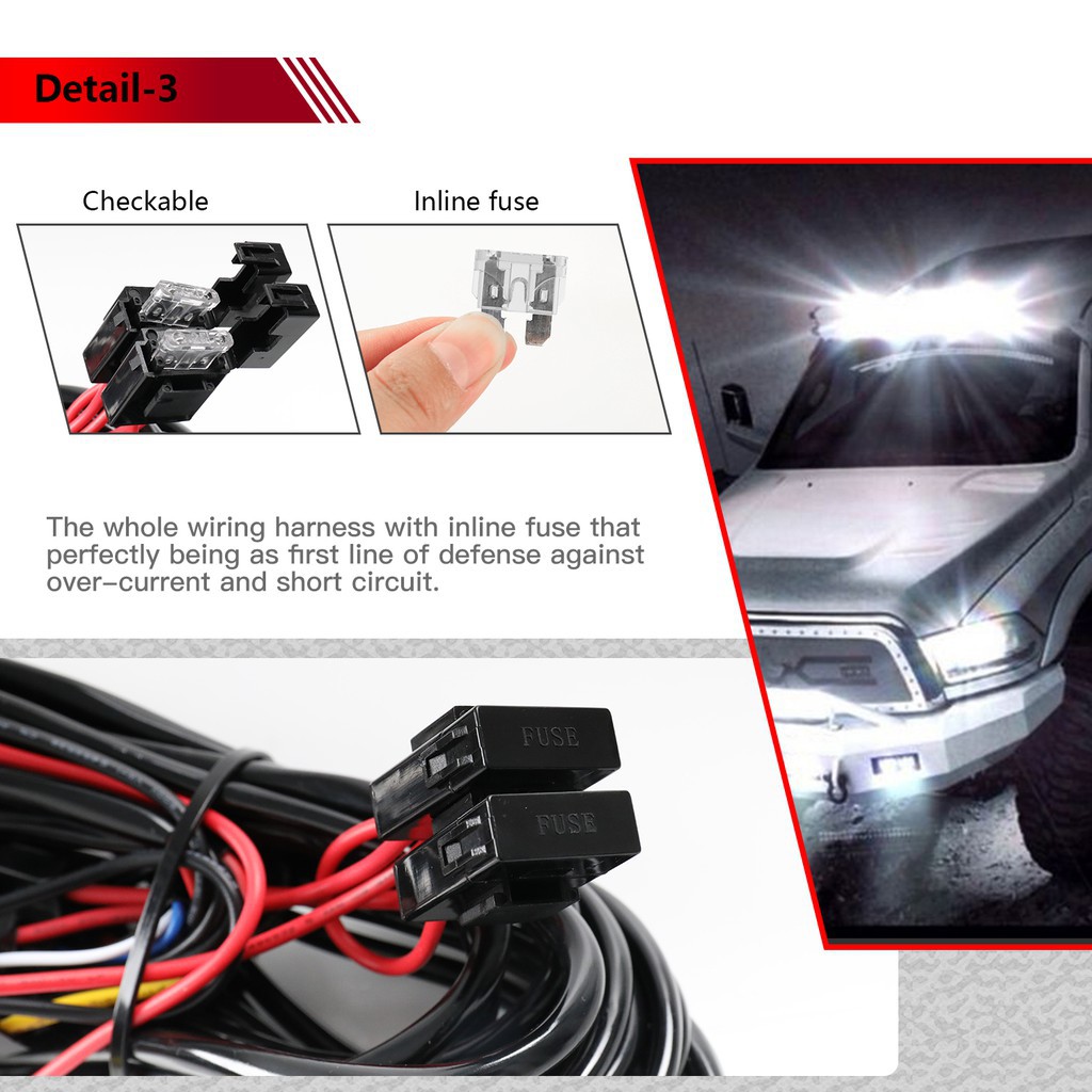 UNI-SHINE 2 Lead 3 Wire Wiring Harness Kit for Led Light Bar Waterproof On-off Switch Harness Heavy Duty Power Relay Harness Blade Fuse