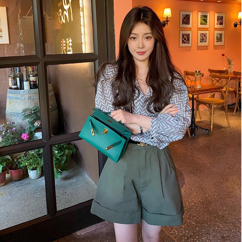 Áo sơ mi công sở nữ ngắn tay phồng kẻ sọc họa tiết cổ bẻ V form rộng bigsize kiểu Hàn Quốc ulzzang xiaozhainv vn N-5