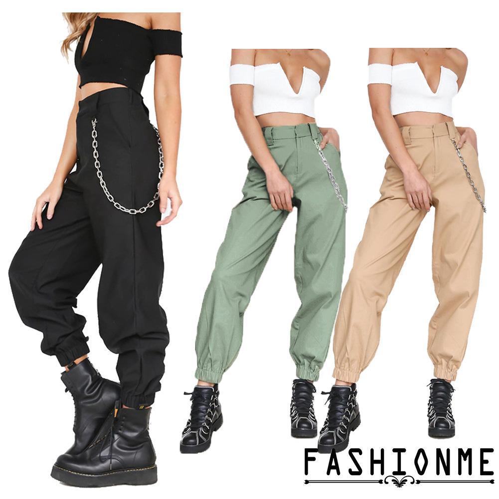 Quần dài lưng cao ống túm phối dây xích thời trang cho nữ