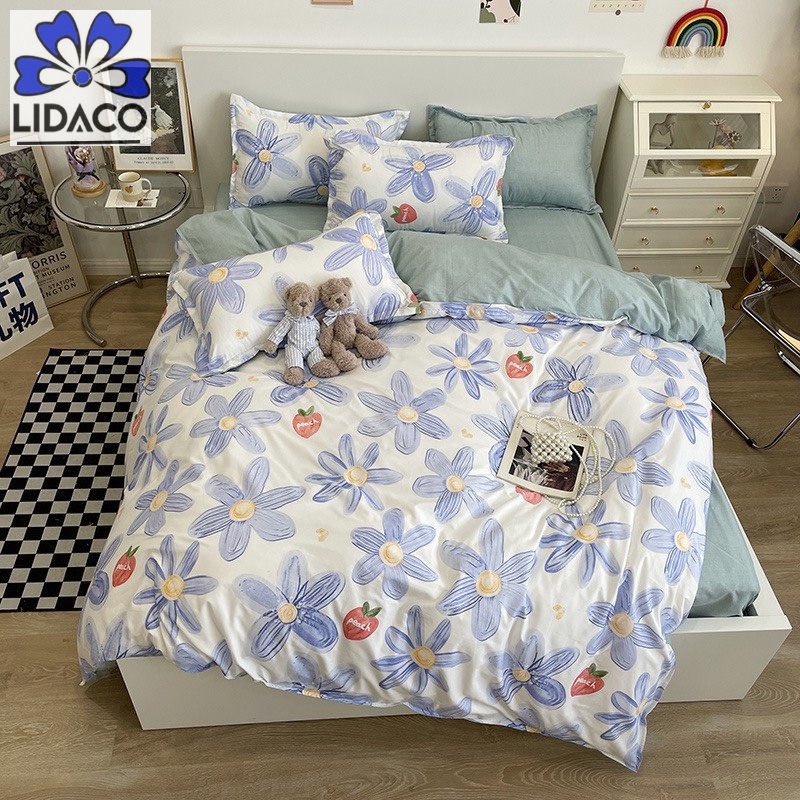 Bộ chăn ga gối cotton poly Lidaco decor phòng ngủ vintage - Hoa xanh ( SP001483)