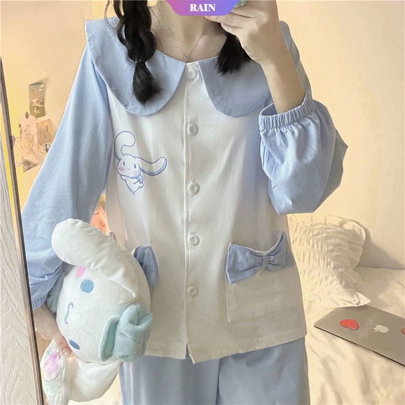 Bộ Đồ Ngủ Tay Dài Cổ Búp Bê Mỏng Nhẹ In Họa Tiết Hoạt Hình Phong Cách Nhật Bản Dễ Thương Cho Nữ