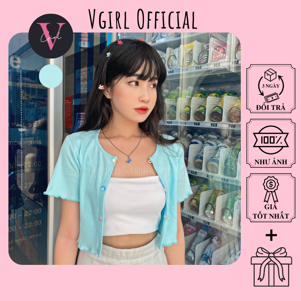 Áo khoác lửng Croptop nữ VGIRL xanh Pastel phối nút màu [ẢNH ĐỘC QUYỀN]