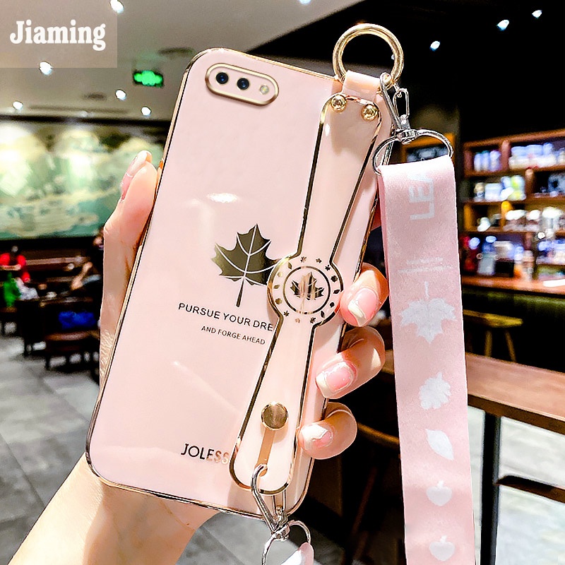 Ốp Điện Thoại Viền Thẳng Mạ Điện Họa Tiết Lá Phong Kèm Dây Đeo Cho OPPO A3S A12E Realem C1