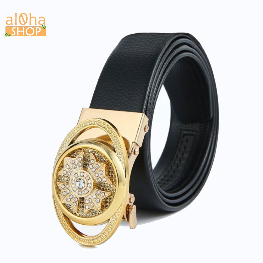 Thắt lưng da nam cao cấp mặt elip đính đá xoay 360, khoá tự động phong cách sang trọng, lịch lãm