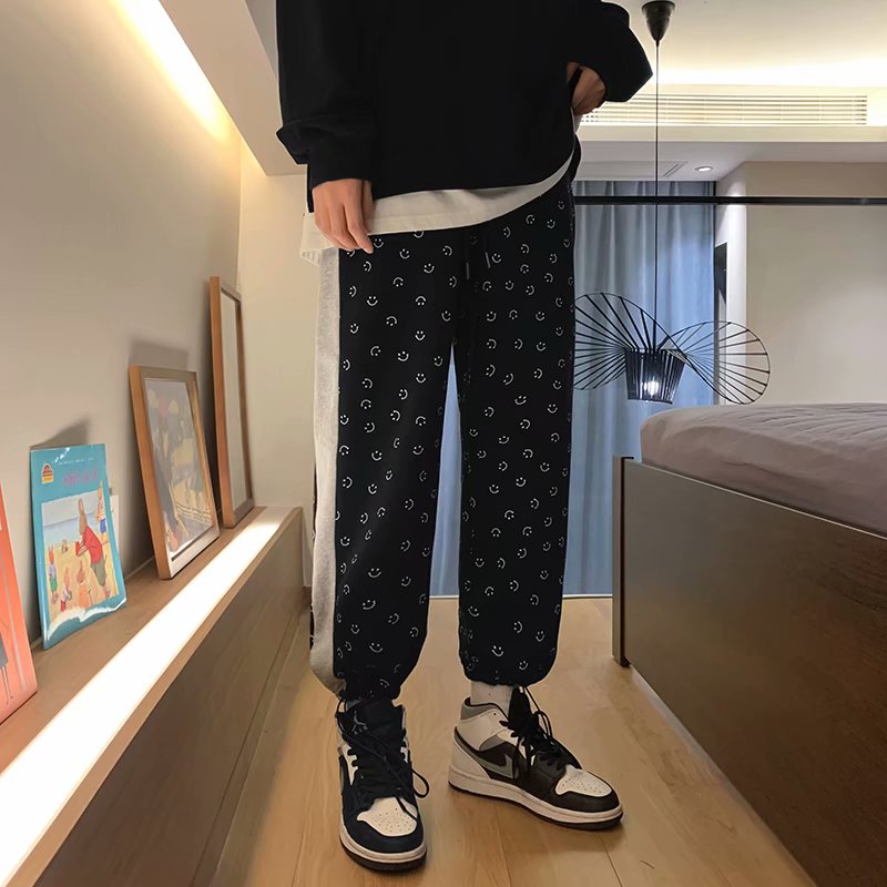 quần ống rộng Lưng Thun In Hình Mặt Cười Phong Cách Nhật Bản Dành Cho Cả Nam Và Nữ