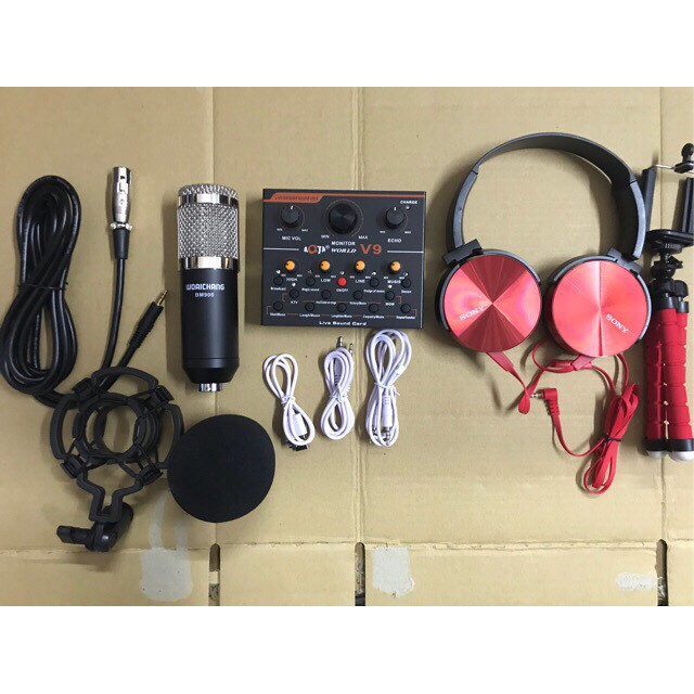 Combo Souncard v9 quốc tế Mic Woaichang BM900 tặng tai nghe chụp tai