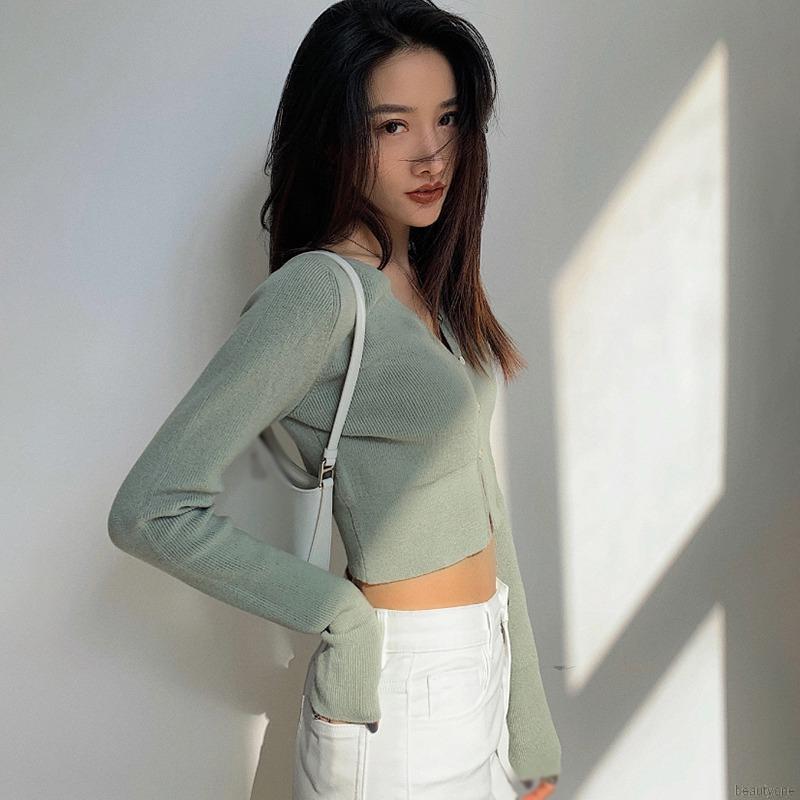 Áo Croptop Dệt Kim Tay Dài Thiết Kế Cổ Chữ V Quyến Rũ | BigBuy360 - bigbuy360.vn