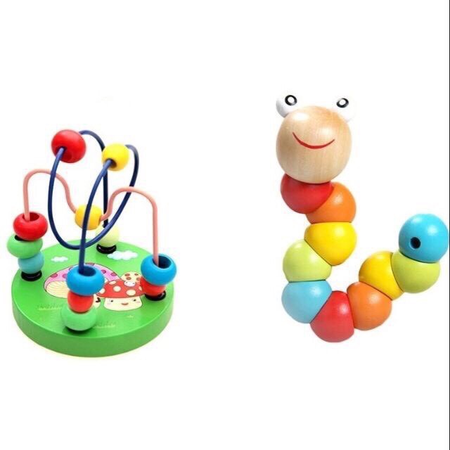 Sét 4 Món Đồ Chơi Giúp Bé Phát Triển Thông Minh - Luồn Hạt - Con Sâu Gỗ - Đàn Gỗ 8 Thanh - Cầu Vồng