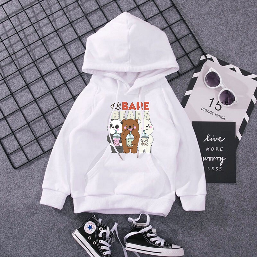 Áo khoác nỉ hoodie we bare bears màu trắng 3 chú gấu đủ size cho bé trai bé gái