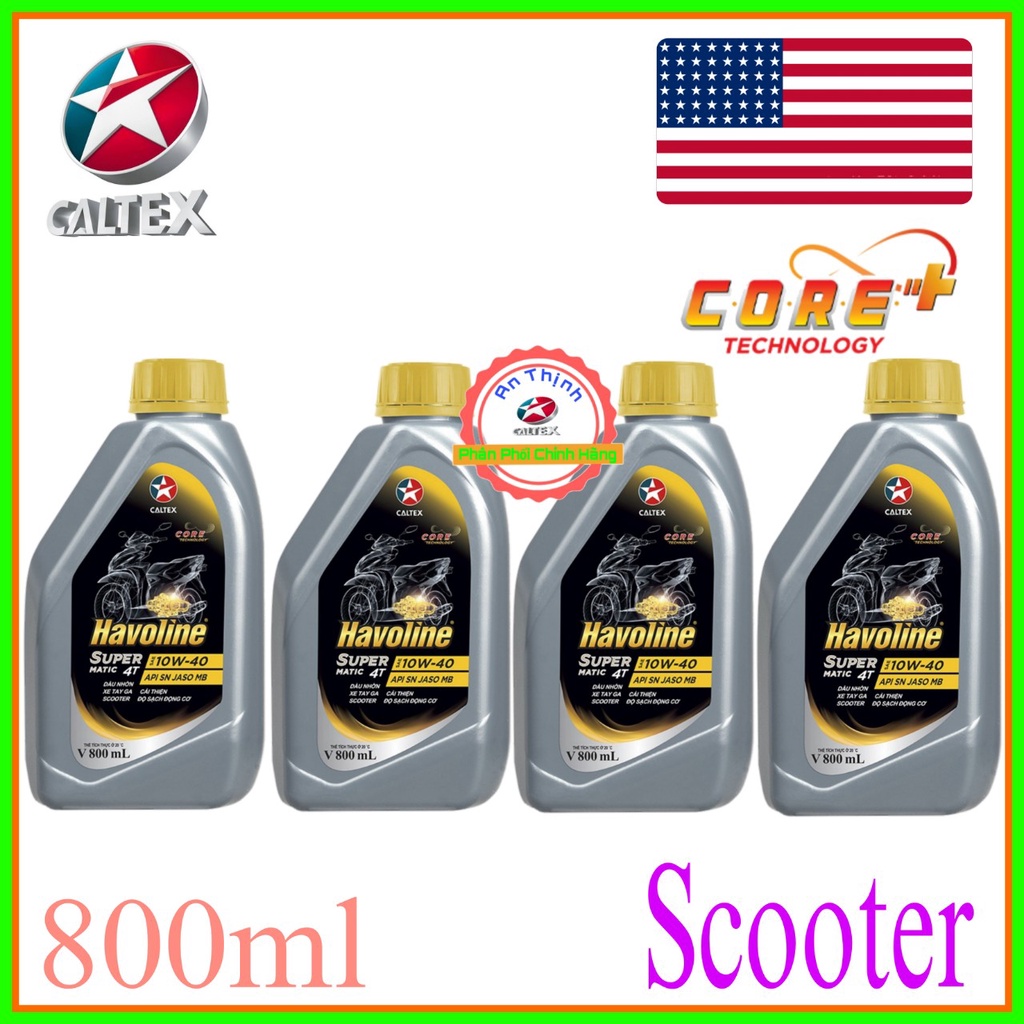 Dầu Nhớt Xe Ga Scooter Bán Tổng Hợp Caltex Havoline Super Matic 4T Semi-Synthetic SAE-10W40 API-SN JASO-MB V-800ml