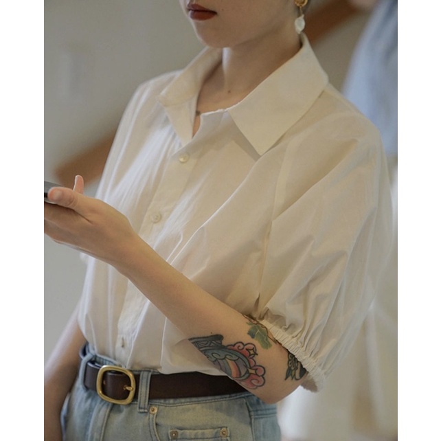 Sơ mi trắng trơn tay bồng cổ đức phong cách phục cổ retro tinh tế