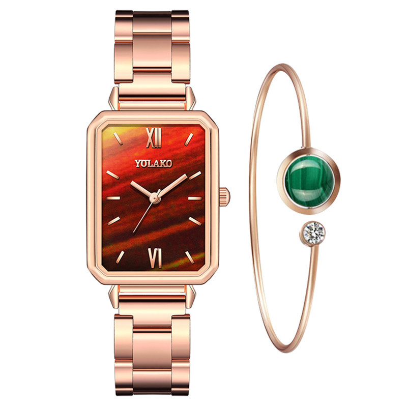 Đồng hồ nữ bằng thép không gỉ mặt hình chữ nhật+vòng tay màu xanh lá thời trang thường ngày