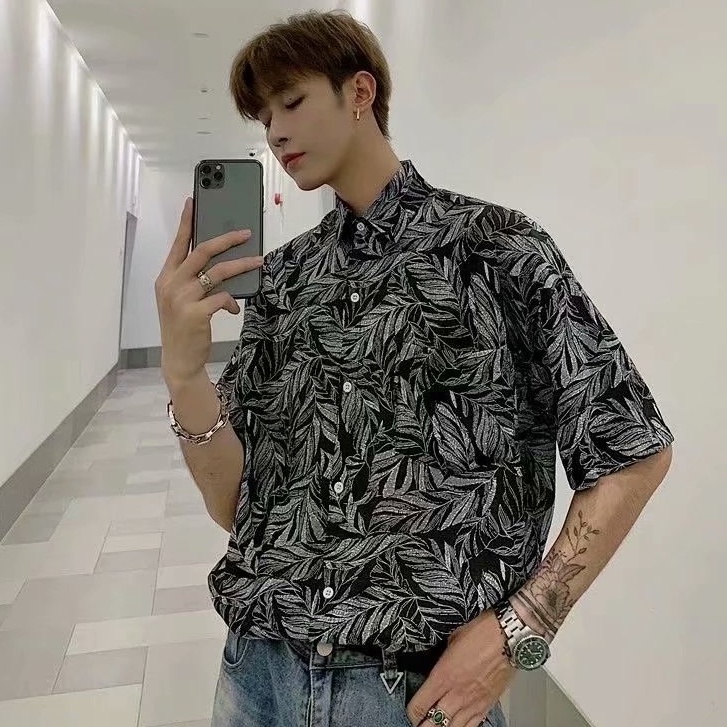 Áo sơ mi nam ngắn tay in hoa phong cách áo thun hàn quốc retro cá tính thời top nam phong cách ngắn dáng rộng tiết độc đáo thời trang đi biển cách cho nam