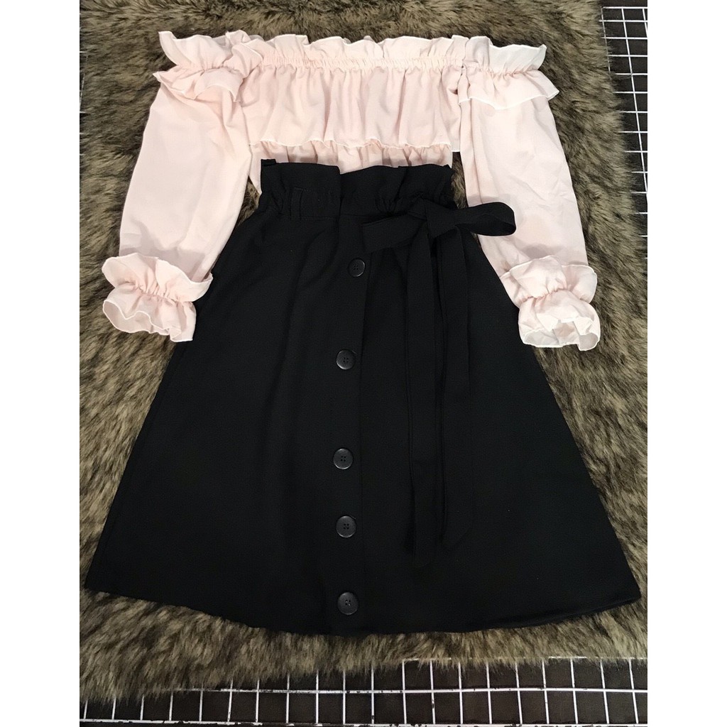 Chân váy kaki xòe hàng nút phối nhún dày dặn buộc nơ xinh | BigBuy360 - bigbuy360.vn