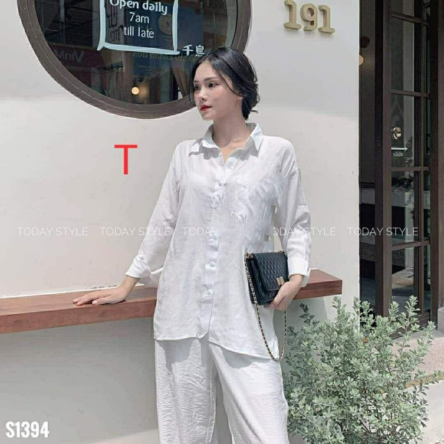 Sét bộ áo sơ mi trơn+quần đũi rộng TTB877