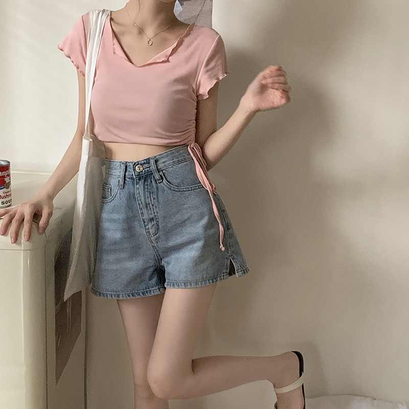 Quần short jean lưng cao dáng rộng xẻ tà thời trang mùa hè cho nữ