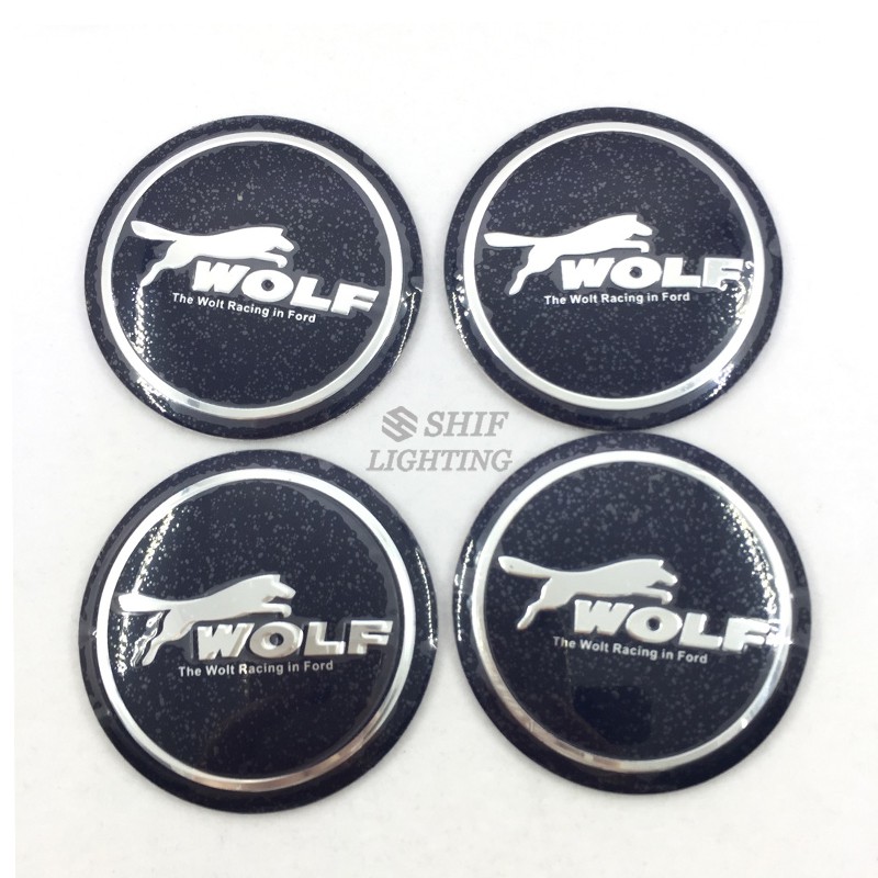 Bộ 4 miếng dán nắp giữa lốp xe hơi bằng hợp kim nhôm cao su họa tiết chữ Wolf đẹp mắt 56mm