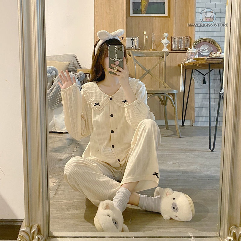 Bộ đồ ngủ dáng dài đính nơ kiểu dáng đáng yêu thời trang Hàn Quốc