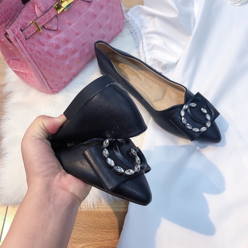 Hài nữ đính đá siêu mềm mũi nhọn chất da lộn đá đính sáng đẹp, đi êm chân