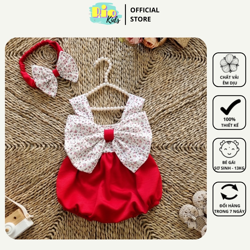 Bodysuit thiết kế cao cấp 2 dây nơ tặng kèm turban cho bé gái từ sơ sinh đến 13kg diện Lễ Tết - BD21