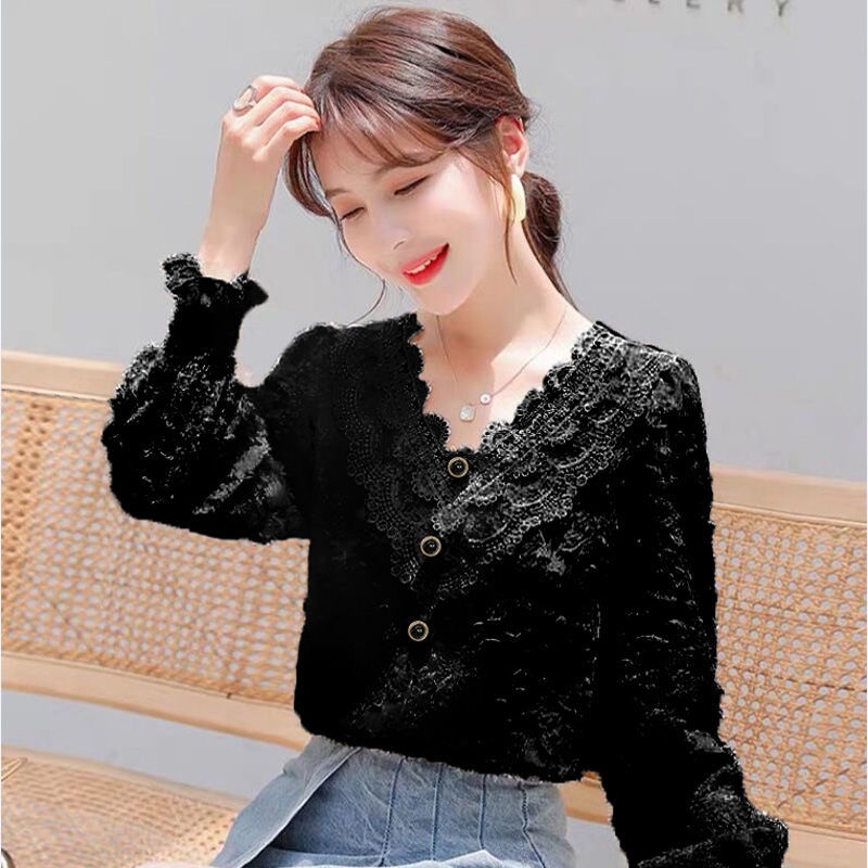 Áo sơ mi tay dài phối ren hoa phong cách thu đông thời trang cho nữ