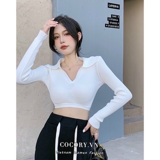 Áo CropTop Cổ Bẻ Tay Dài( Kèm ảnh thật )