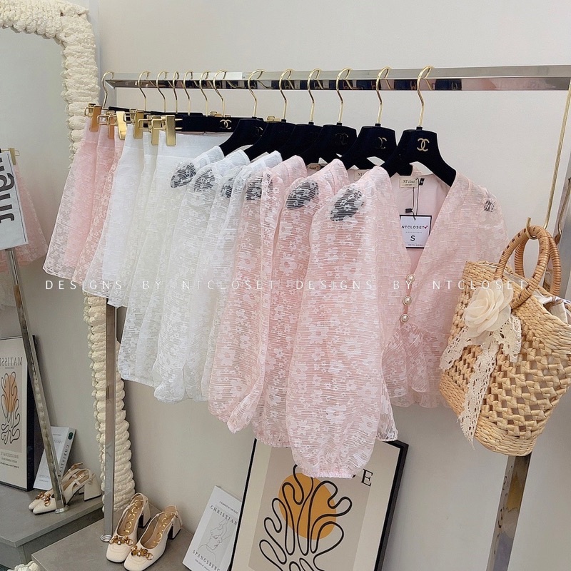 Set áo sơ mi peplum mix quần váy tơ hoa nt closet