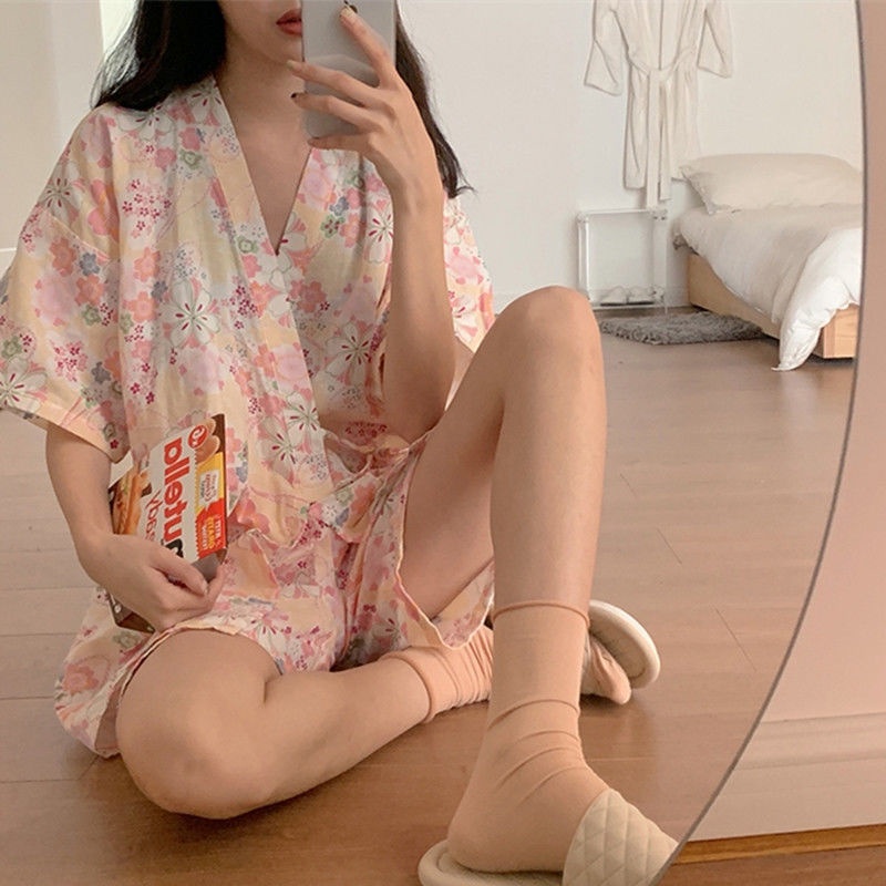 Mới Bộ Đồ Ngủ Kiểu Kimono Nhật Bản In Hoa Thiết Kế Ngọt Ngào Cho Nữ