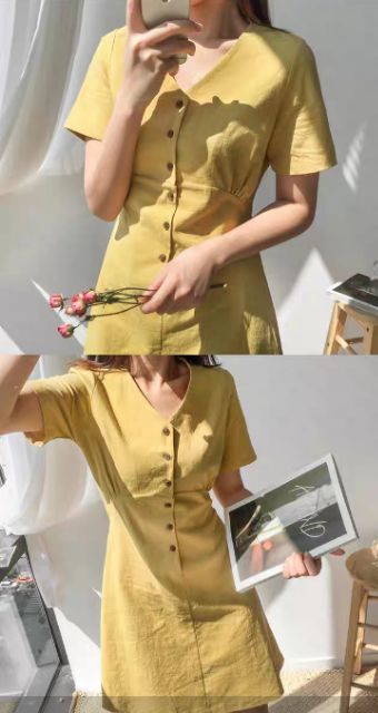 (Ảnh thật) ĐẦM VÀNG CỔ V vintage hàn quốc | BigBuy360 - bigbuy360.vn