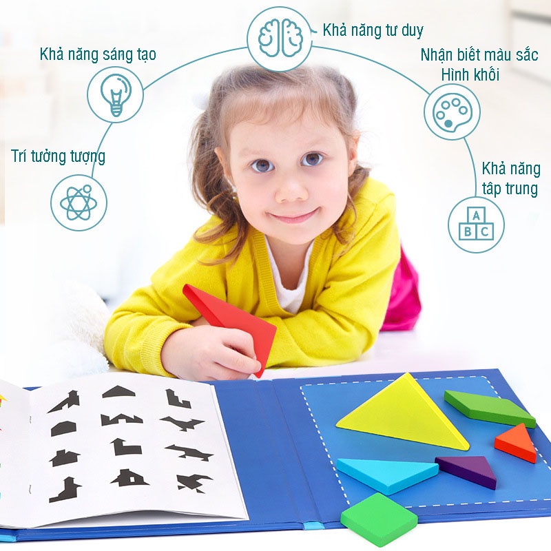 Đồ chơi Xếp hình gỗ Tangram nam châm có kèm sách cho bé , đồ chơi gỗ thông minh montessori