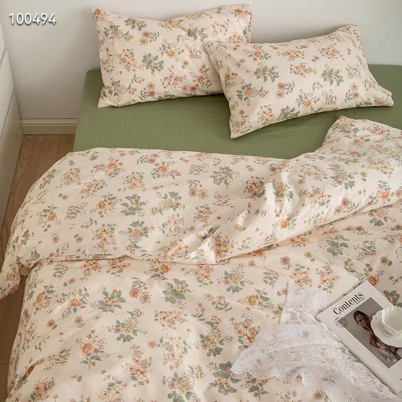 Bộ Chăn Ga Gối Cotton Living 100%cotton Hàng Nhập Khẩu Cao Cấp 4 Món Hoa Nhí Vintage