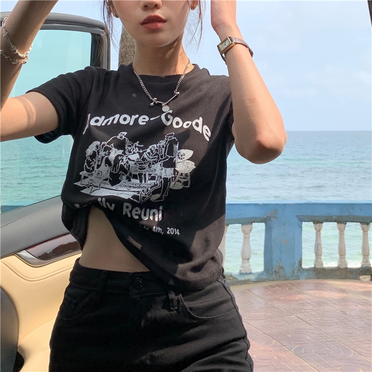 Áo Thun Croptop Ngắn Tay Form Ôm In Họa Tiết Phong Cách retro