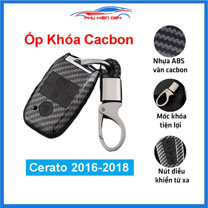 Ốp vỏ bọc chìa khóa xe K3, Cerato 2016-2017-2018 sợi nhựa cacbon kèm móc treo Inox