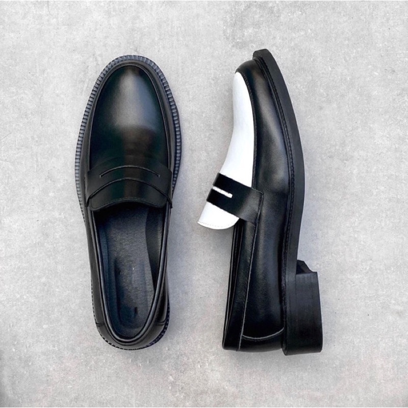 Giày Penny Loafer Black off White da bò nhập khẩu cao cấp LF-02