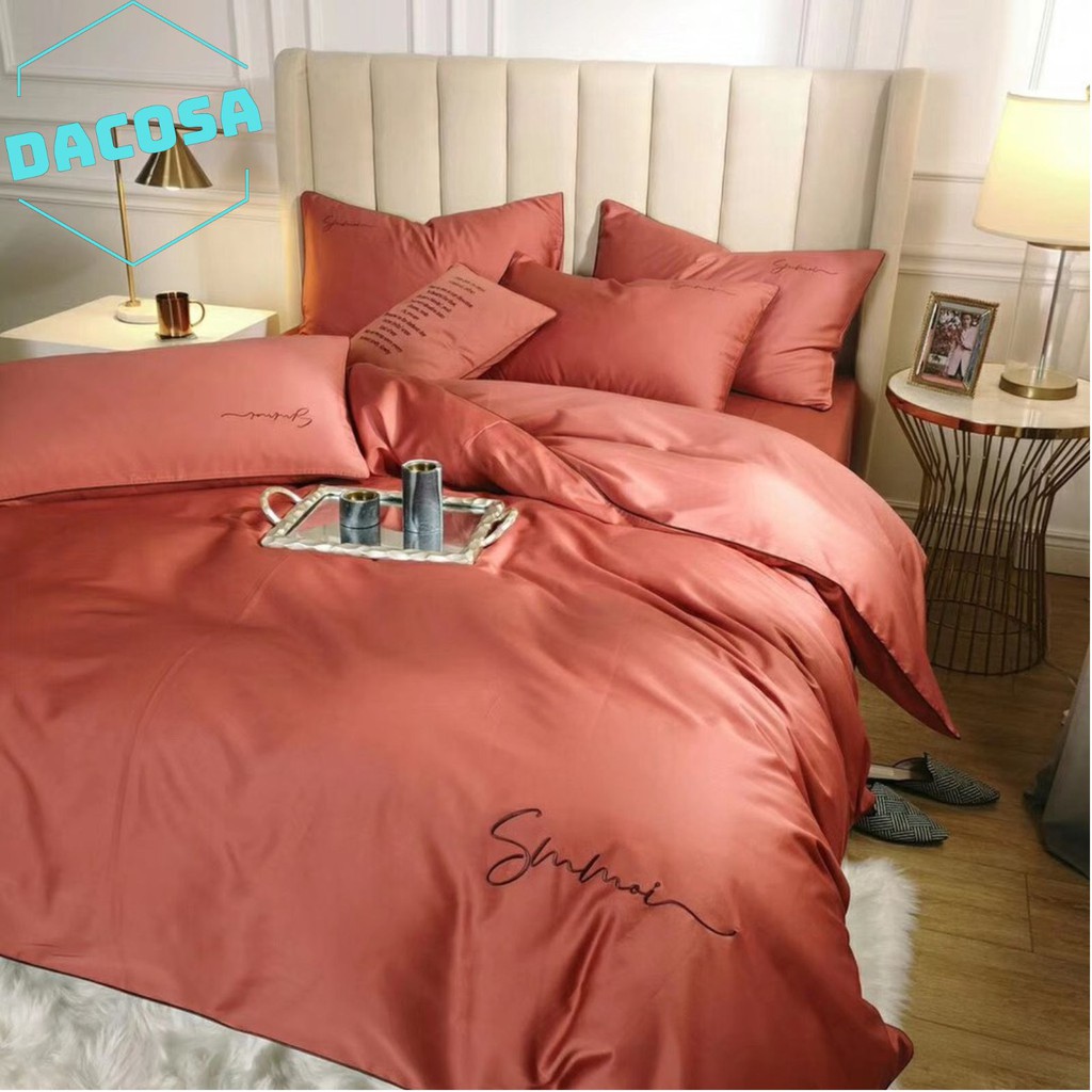 [Giá Sỉ] Bộ Chăn Ga Gối LỤA SUMOI 60S Màu Cà Rốt Đậm Cao Cấp Khách Sạn