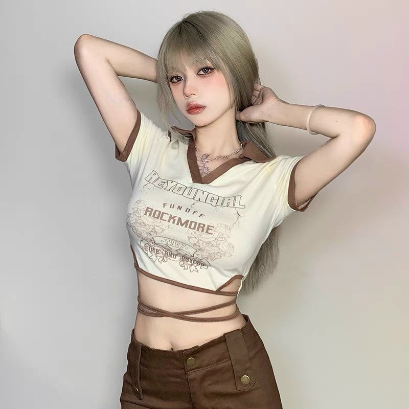Áo croptop nữ có cổ viền thêu chữ hoa cột dây eo cực đẹp cho cô nàng năng động na