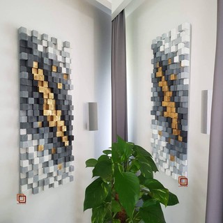 Tranh gỗ trang trí 3D VÀNG XÁM NỔI BẬT (Wood mosaic) - KÍCH THƯỚC 30X80cm