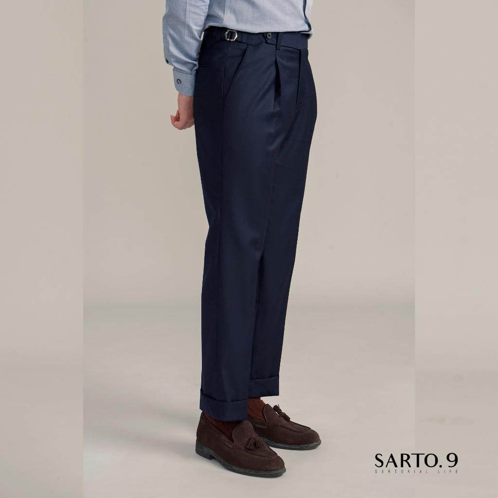 Quần âu nam cao cấp Sarto9, sidetab,  gấu LV, xanh dark navy, len lông cừu