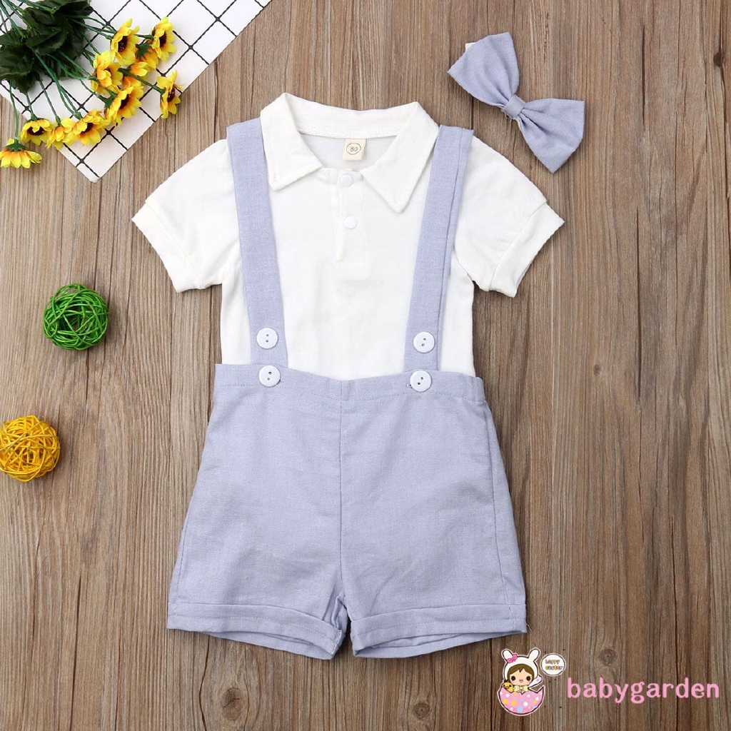 Bộ áo liền thân + quần short + nơ đeo cổ đáng yêu cho bé