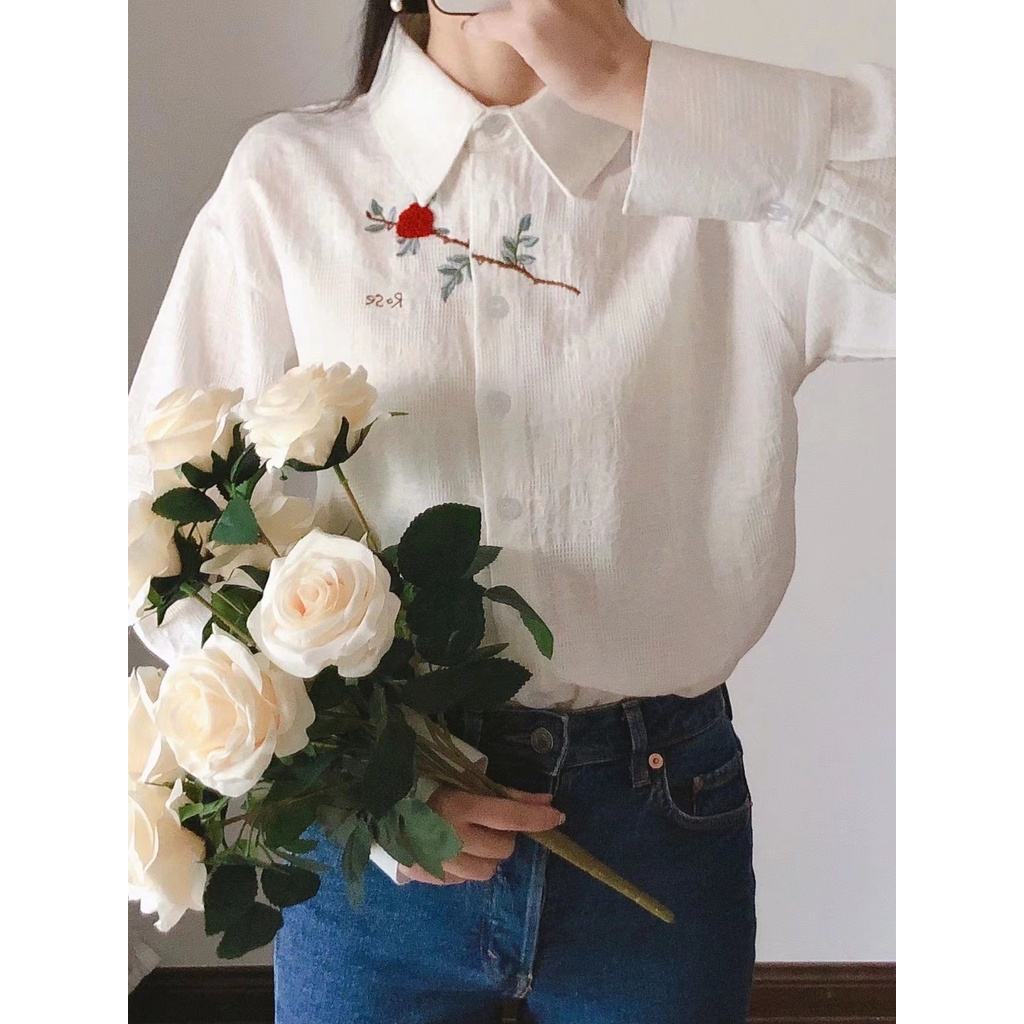 Áo Sơ Mi Nữ Tay Dài Thêu Hoa Hồng Thời Trang