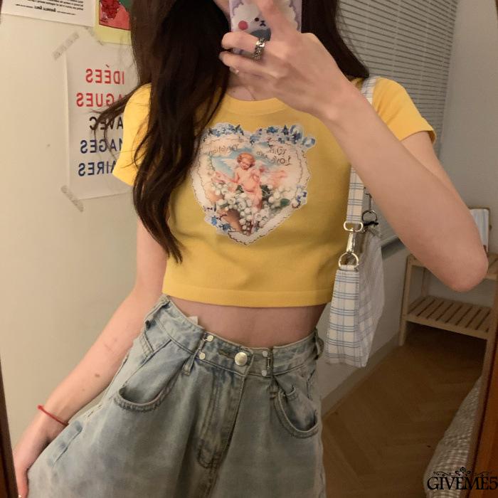 Áo Thun Lửng Tay Ngắn Cổ Tròn In Hình Thiên Thần Thời Trang Cho Nữ