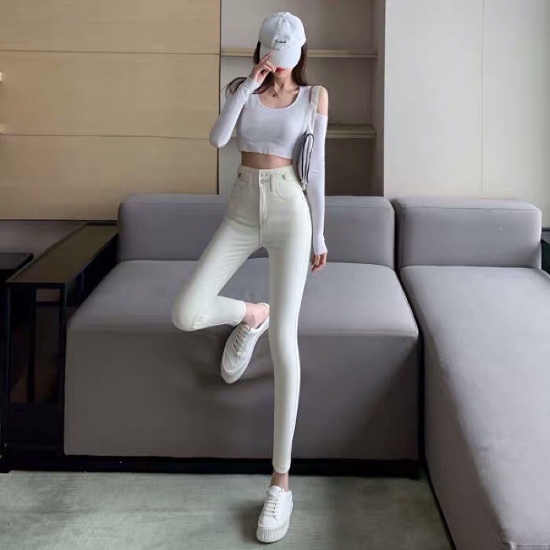 Quần jeans skiny ôm sát màu trắng kem lưng cao cho nữ