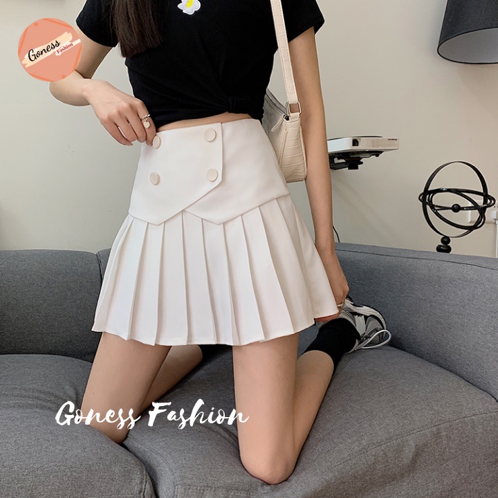 Chân váy tennis xếp ly màu trắng đen xếp li skirt cạp lưng cao ngắn chữ a phối cúc phong cách ulzzang Goness