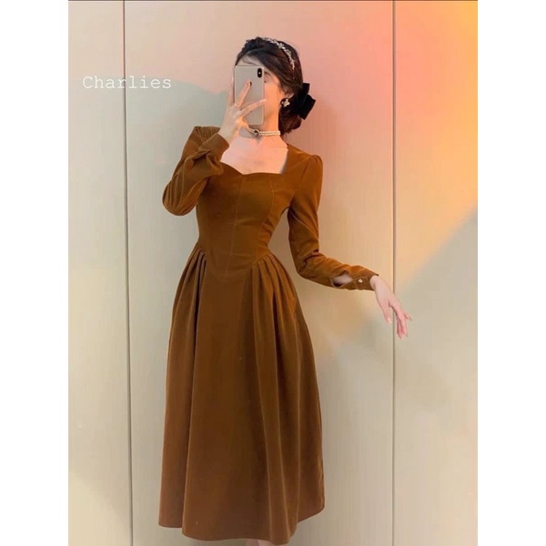 Đầm maxi tay dài MINA đầm cổ vuông Freesize 55kg chất vải dày dặn