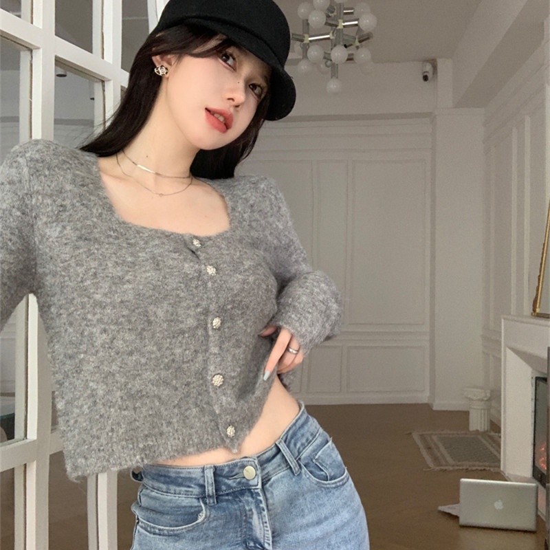 Áo Cardigan Dệt Kim Tay Dài Cổ Vuông Dáng Ôm Thời Trang Cho Nữ