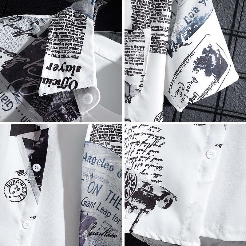 Summer men's short-sleeved newspaper shirts, thin graffiti trendy clothes, printed loose INS fashion tops. Half sleeve shirt.